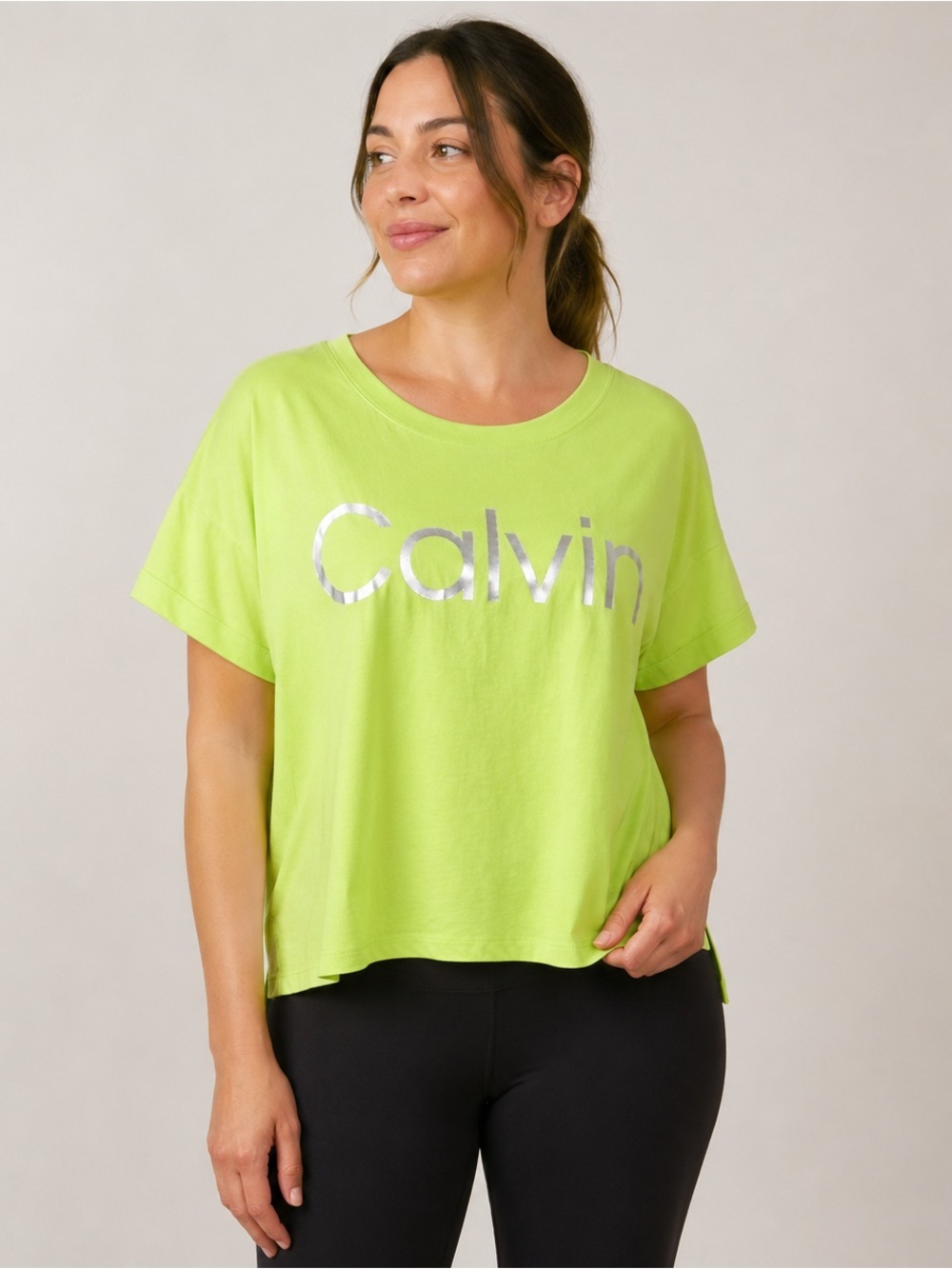 Calvin Klein Performance Crop Tee Womens Large Neon Green Y2K Athletic Top